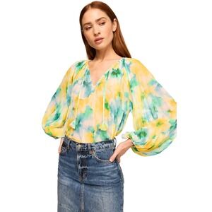 Misa Rina Top Citron Water Color V Neck Long Sleeve Tassel Pleated Top Sz L NWT